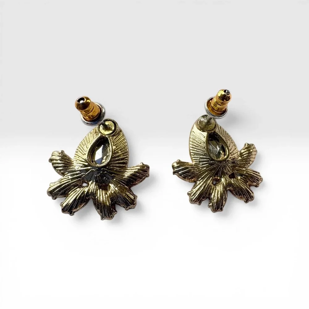 Neutral Cabochon Rhinestone Clip On Earrings Gold‎ Tone Statement Vintage
